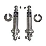 Pair of Viking Crusader coilover shocks with threaded bodies, spring seats, spherical bearings, and adjustment hardware, displayed with included spacers and spring retaining collars on a white background