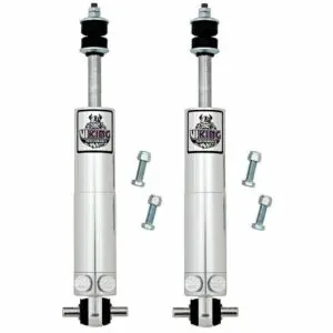 Pair of Viking Performance double adjustable front shocks with clear anodized aluminum bodies, black bushings, and adjustment knobs labeled 'C' for compression and 'R' for rebound, shown with four mounting bolts on a white background