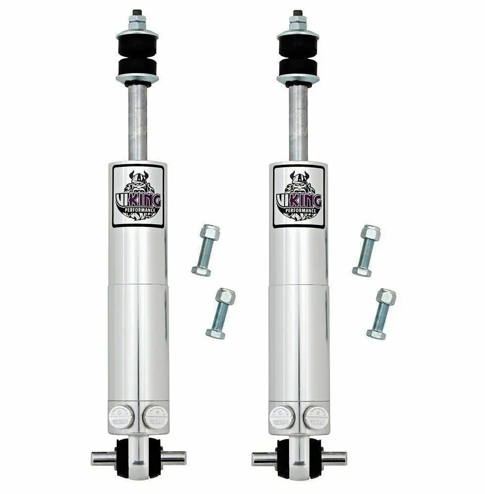 Viking Double Adjustable Front Shocks Pair of Viking Performance double adjustable front shocks with clear anodized aluminum bodies, black bushings, and adjustment knobs labeled 'C' for compression and 'R' for rebound, shown with four mounting bolts on a white background